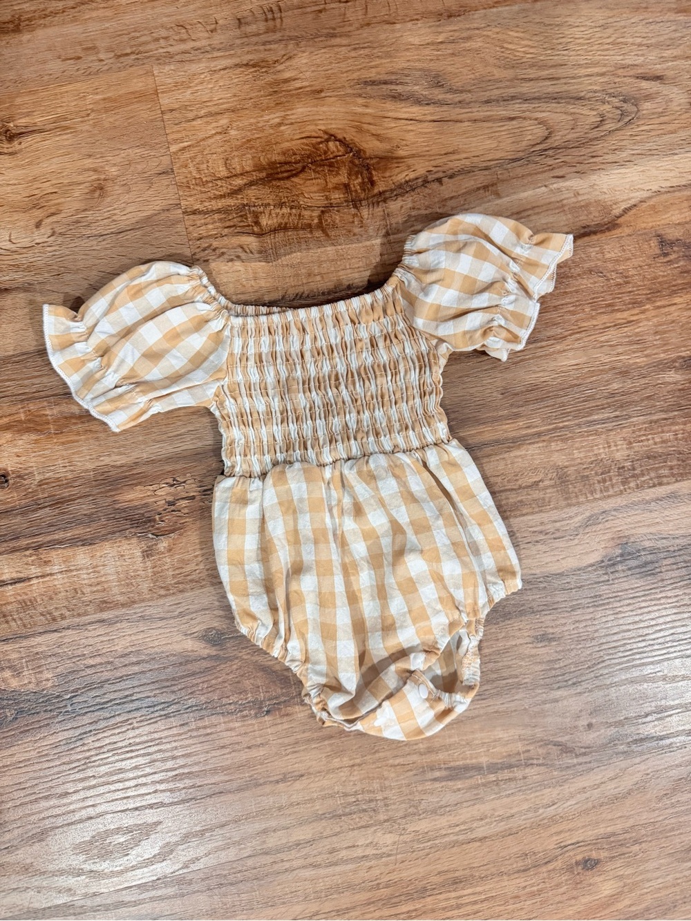 Smocked Bubble Romper in Natural Gingham